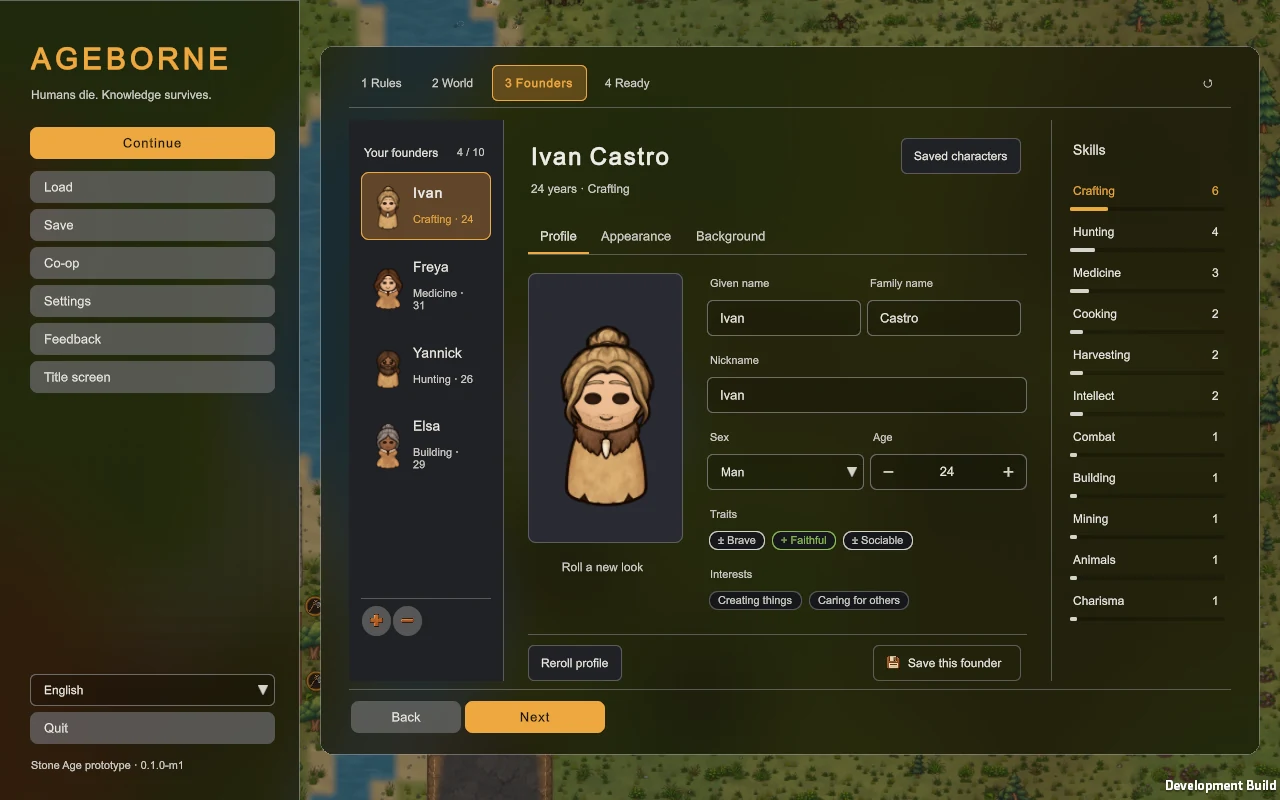 The current founder selection, with individual people, traits and skills.