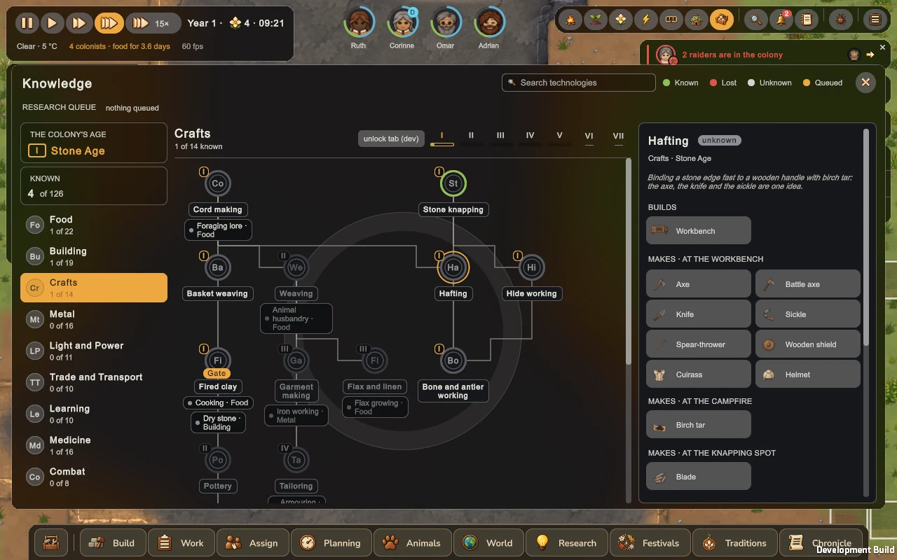 The colony’s shared research tree in the current build.